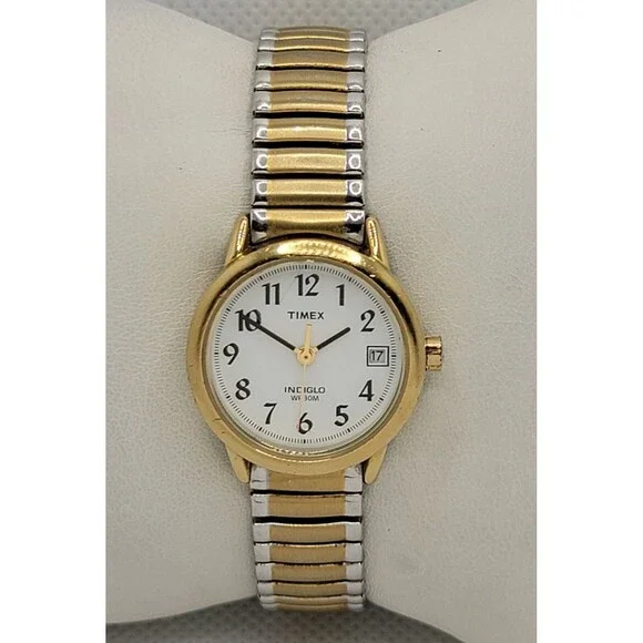Women's Timex Indiglo White Dial Gold Tone Case Two-Tone Expansion Band Watch 01 - Picture 5 of 8